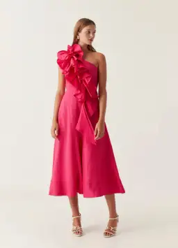 Aje Adelia Ruffle Midi Dress in Bougainvillea Red Pink
Size 10