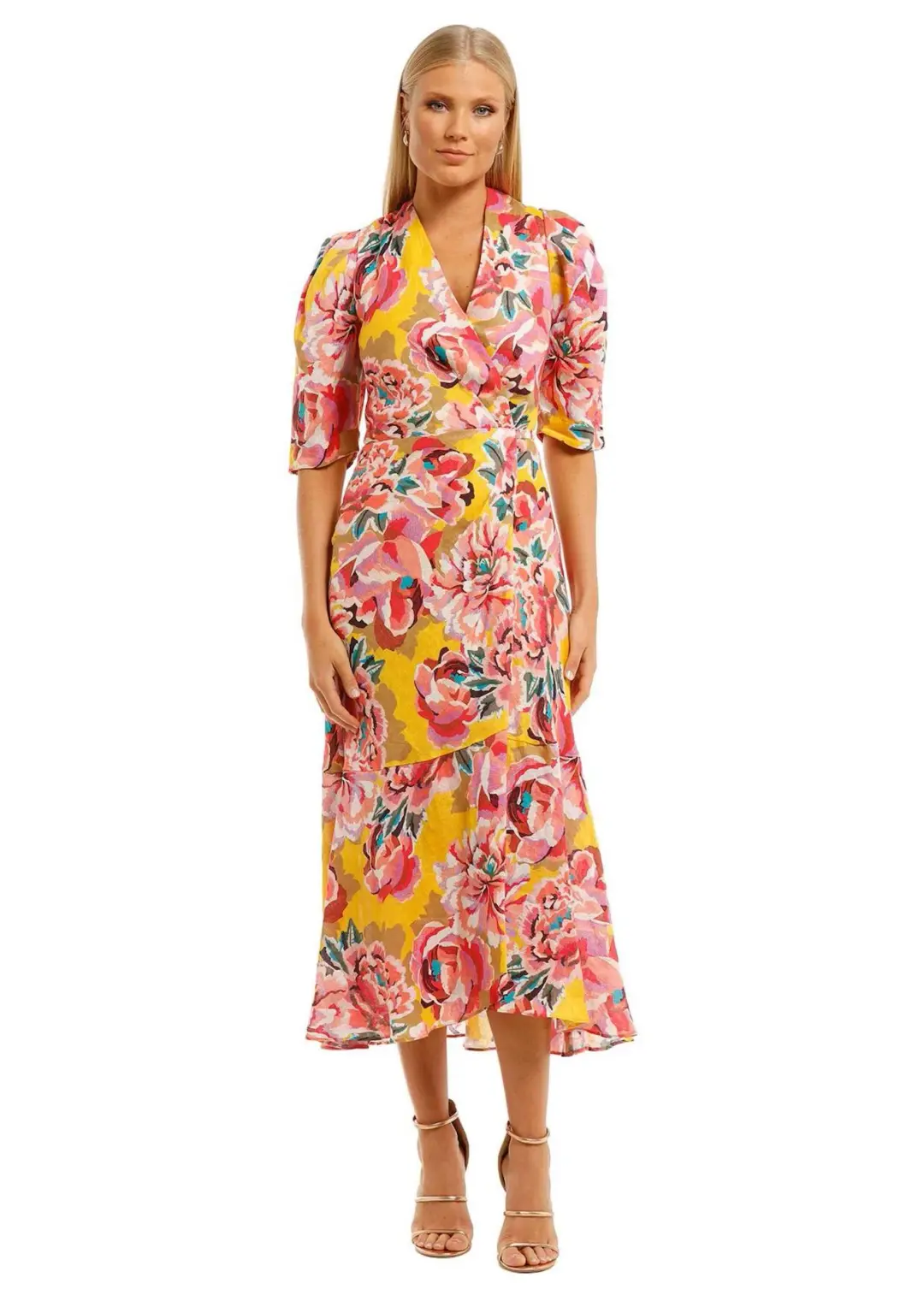 Ginger & Smart Flourish Wrap Midi Dress in Yellow Floral Size 14 for rent on The Volte - main image