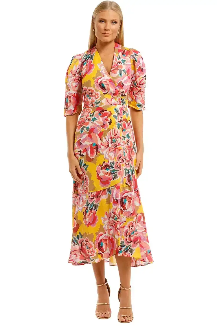 Ginger & Smart Flourish Wrap Midi Dress in Yellow Floral Size 8 for rent on The Volte - main image