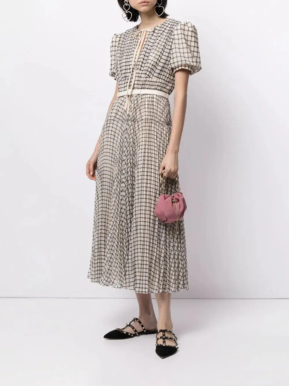 Self Portrait Belted Checked Chiffon Midi Dress Beige Multi Size 12 for rent on The Volte - main image