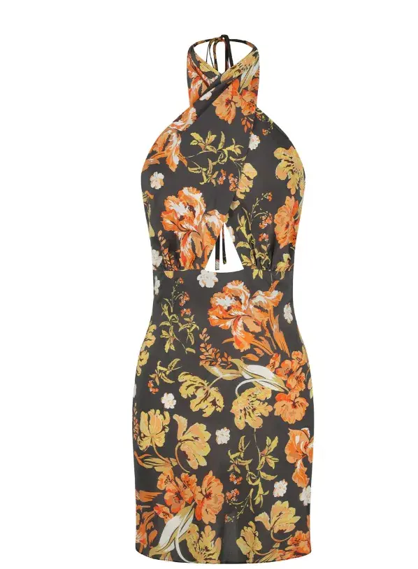 Shona Joy Okala Silk Cross Front Halter Mini Dress Floral Size 6 for rent on The Volte - main image