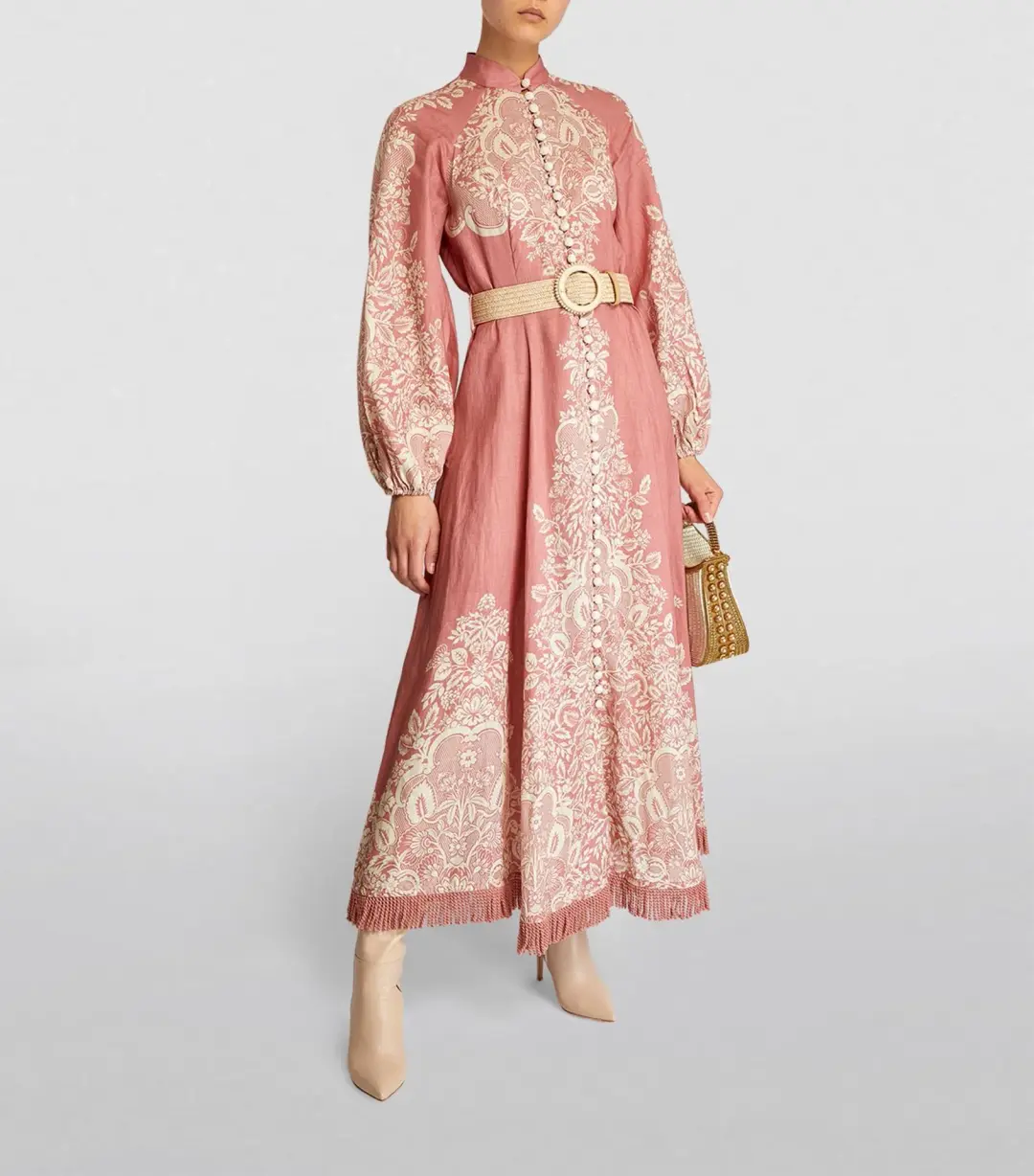 Zimmermann Pattie Fringed Midi Dress in Rose Baroque Floral Size 2 / AU 12 for rent on The Volte - main image