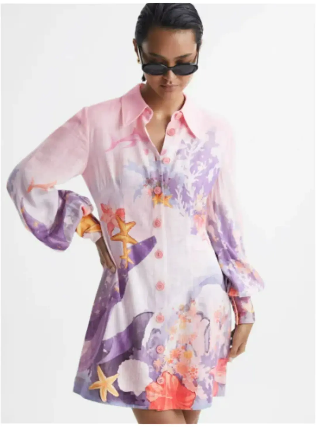 Leo Lin Luminous Mini Dress Neptune Placement Print in Coral Size AU 8 for rent on The Volte - main image