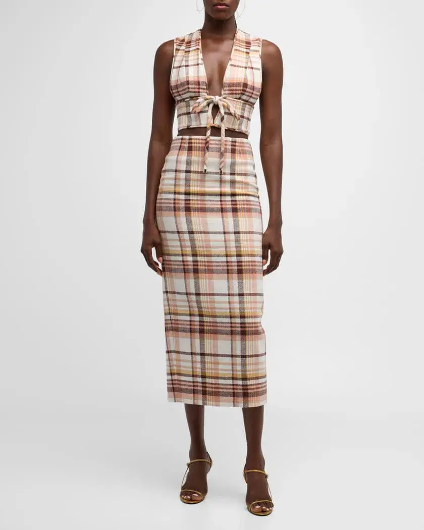 Zimmermann The Matchmaker Check Bow Bodice and Pencil Skirt in Cream Size 1/Au 10 for rent on The Volte - main image